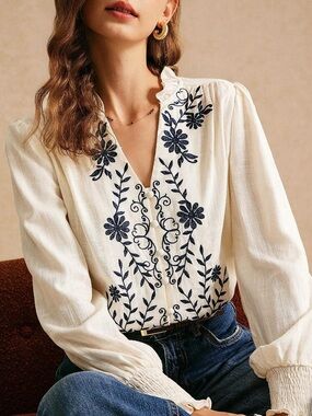 SHEIN Curve Boho Embroidered Linen Blend Blouse Cream Navy Size 2XL - Like New